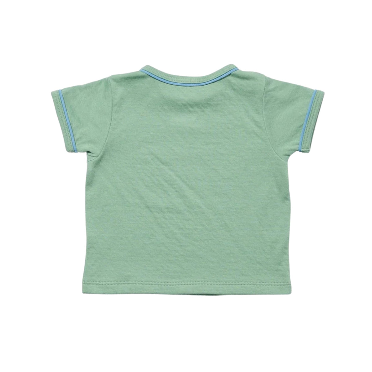 A light green short-sleeve t-shirt shown from the back, featuring thin blue piping along the collar and sleeve cuffs, set against a plain white background.