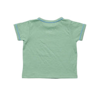 A light green short-sleeve t-shirt shown from the back, featuring thin blue piping along the collar and sleeve cuffs, set against a plain white background.