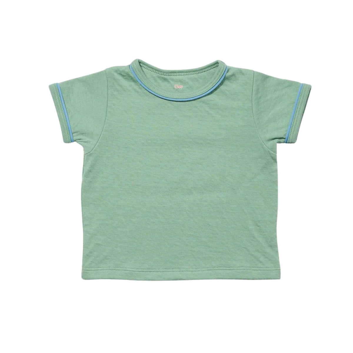 A light green short-sleeve baby t-shirt with light blue contrast trim along the crew neck and sleeve cuffs, shown flat on a white background.