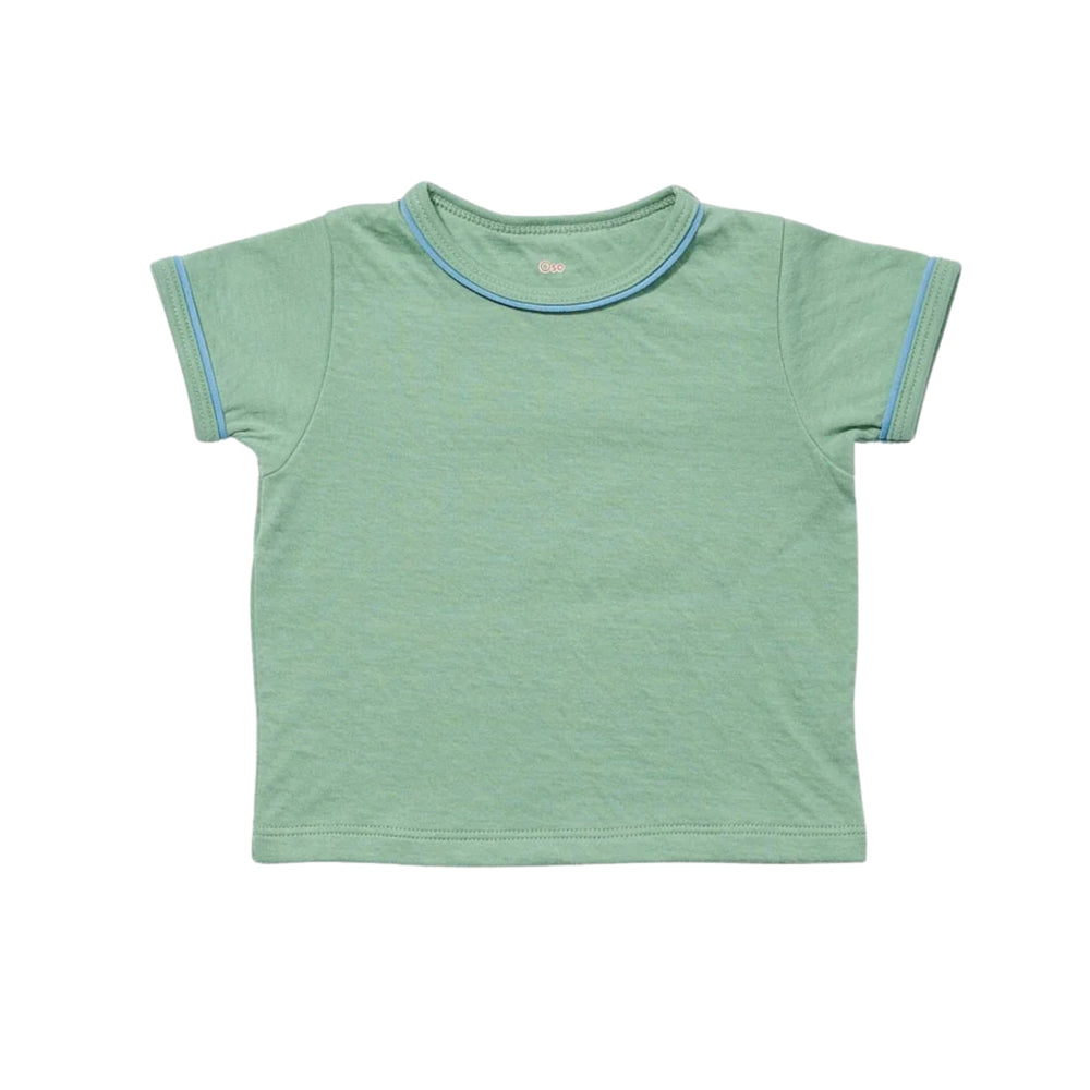 A light green short-sleeve baby t-shirt with light blue contrast trim along the crew neck and sleeve cuffs, shown flat on a white background.