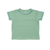A light green short-sleeve baby t-shirt with light blue contrast trim along the crew neck and sleeve cuffs, shown flat on a white background.