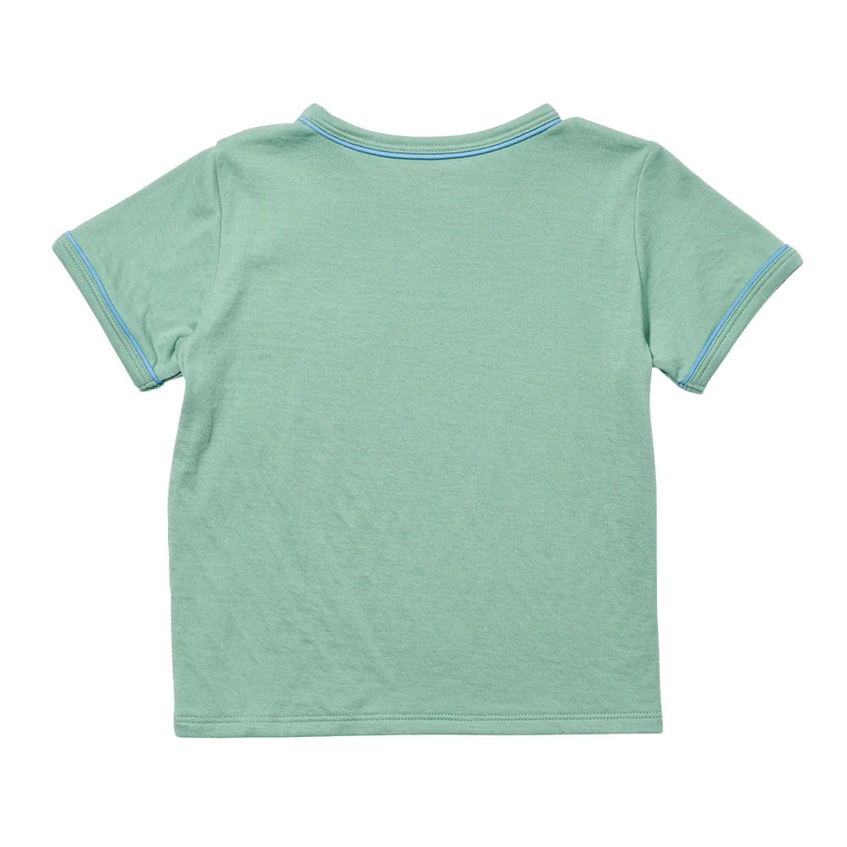 A mint green short-sleeve t-shirt shown from the back, featuring light blue contrast piping along the collar and sleeve cuffs, set against a plain white background.