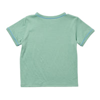 A mint green short-sleeve t-shirt shown from the back, featuring light blue contrast piping along the collar and sleeve cuffs, set against a plain white background.