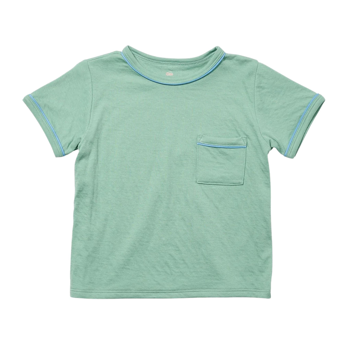 A light green short-sleeve crewneck t-shirt with a chest pocket and light blue piping details, shown flat on a white background.