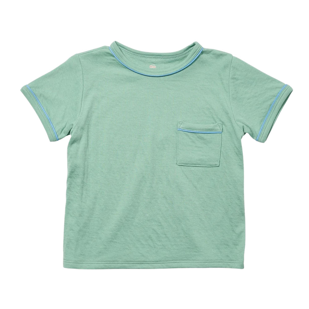 A light green short-sleeve crewneck t-shirt with a chest pocket and light blue piping details, shown flat on a white background.