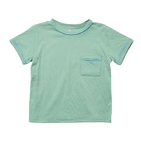 A light green short-sleeve crewneck t-shirt with a chest pocket and light blue piping details, shown flat on a white background.