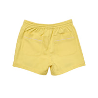 Yellow shorts with an elastic waistband and two back pockets, shown from the back on a white background.