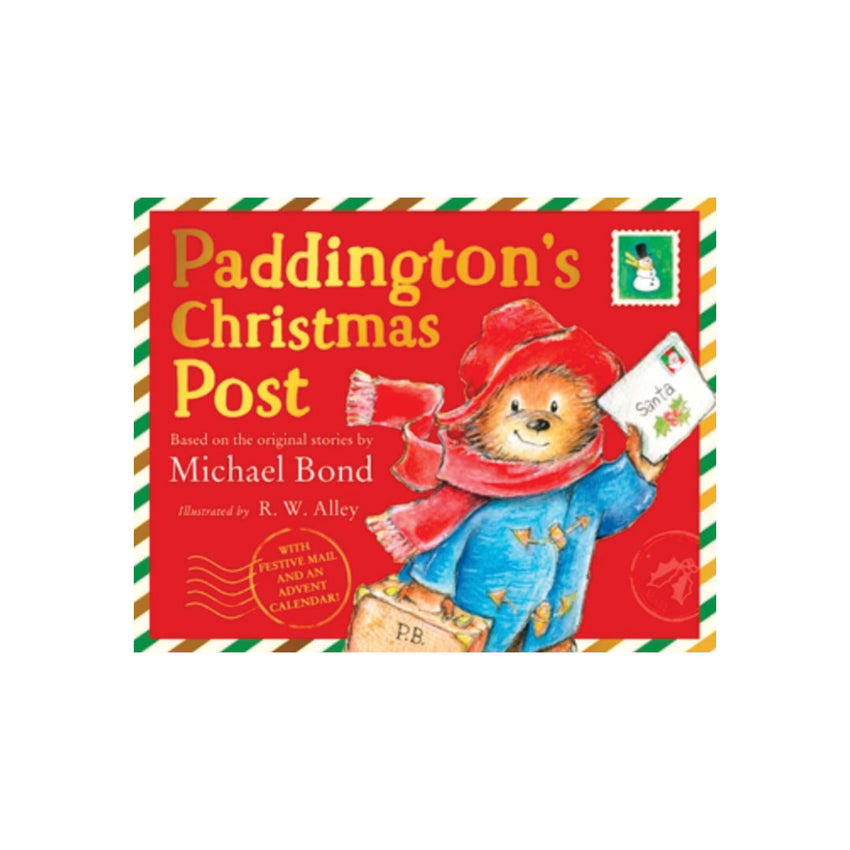 Paddington's Christmas Post book cover featuring Paddington Bear holding a Christmas letter, with a red background and striped border.