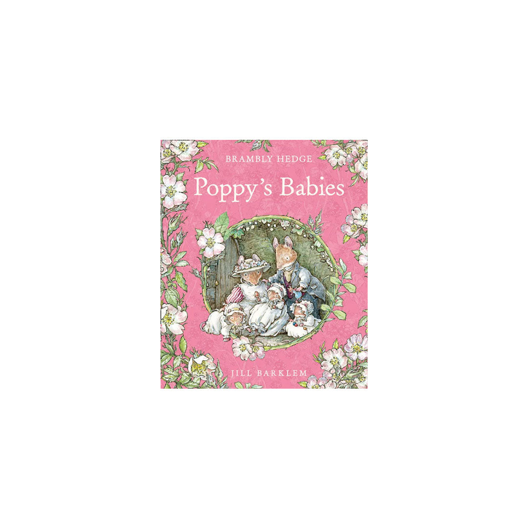 Book cover of 'Poppy's Babies' from Brambly Hedge series on a pink background.