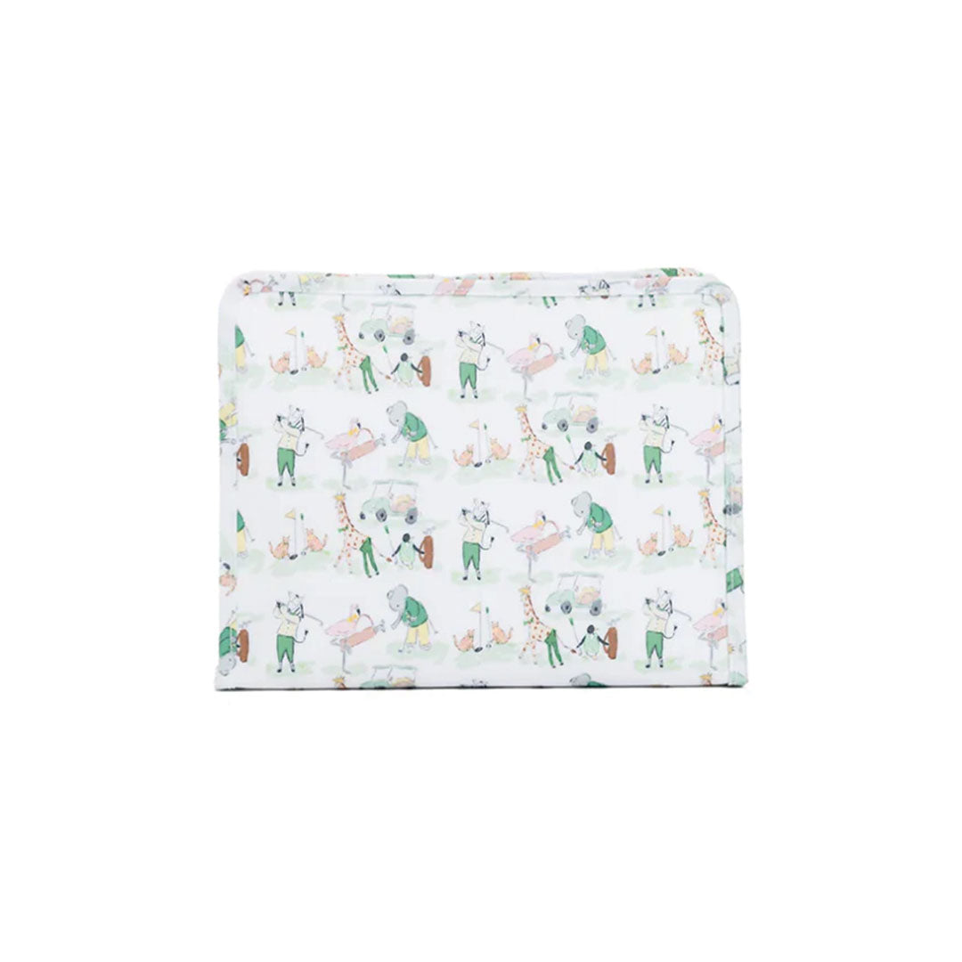 Travel pouch with animals in a party-themed pattern on a white background.