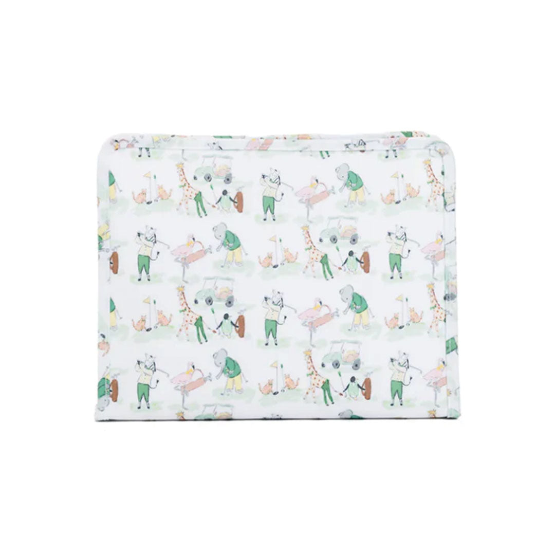 Travel pouch with animals in a party-themed pattern on a white background.