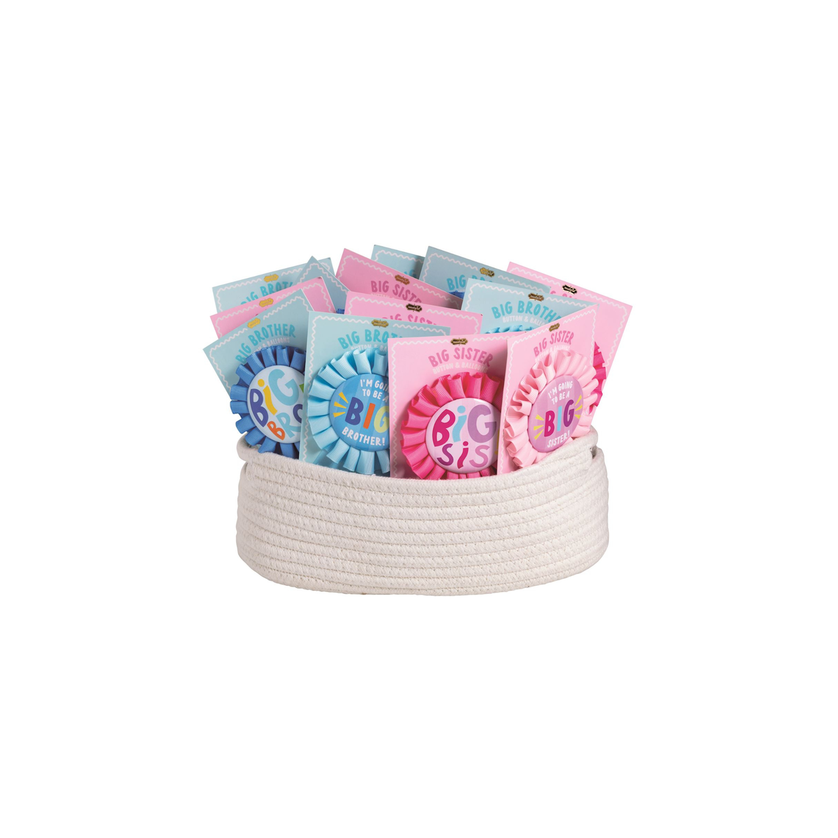 Collection of 'Big Sister' ribbons in various colors displayed in a woven basket on a white background.