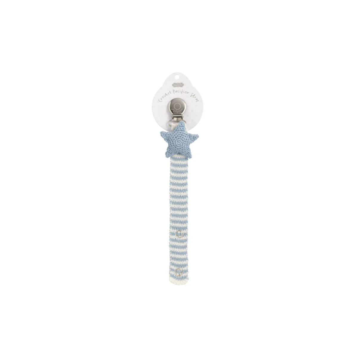 Blue and white striped pacifier clip with blue crochet  star on  a whie background. 
