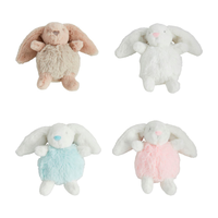 Four plush bunny rattles in different colors on a white background.