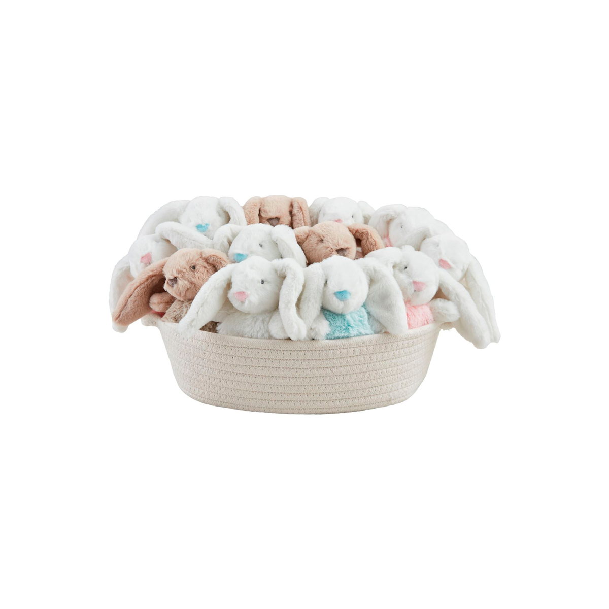 Basket with multi-color plush bunny rattles on a white background.
