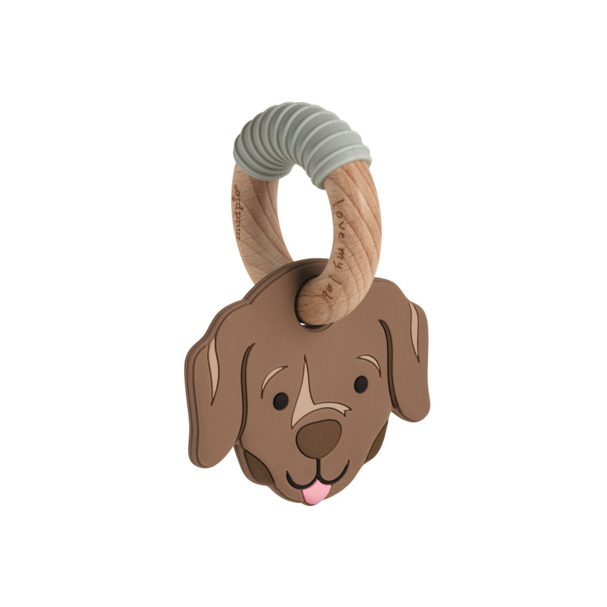 Dog-shaped teether on a white background.