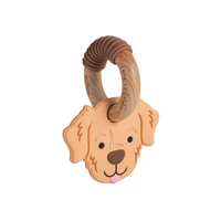 Dog-shaped wooden teether on a white background.