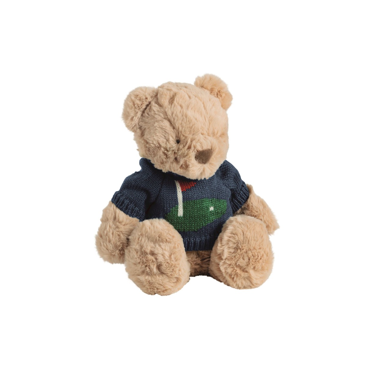 Teddy bear wearing a blue sweater with a golf green on the chest on a white background.