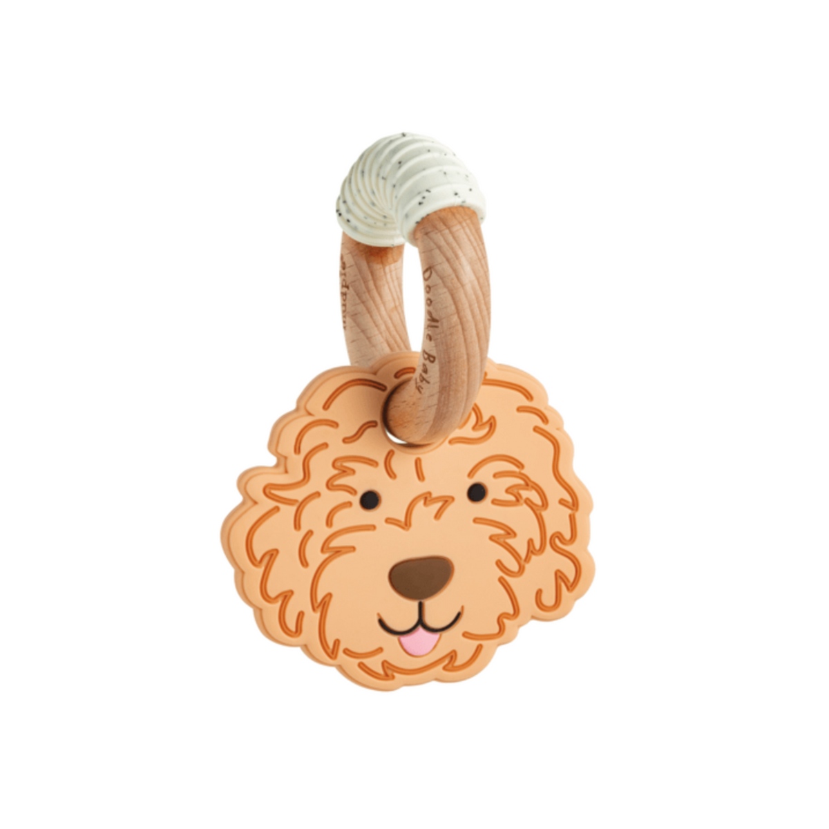 Dog-shaped wooden teether with a natural wood ring on a white background.