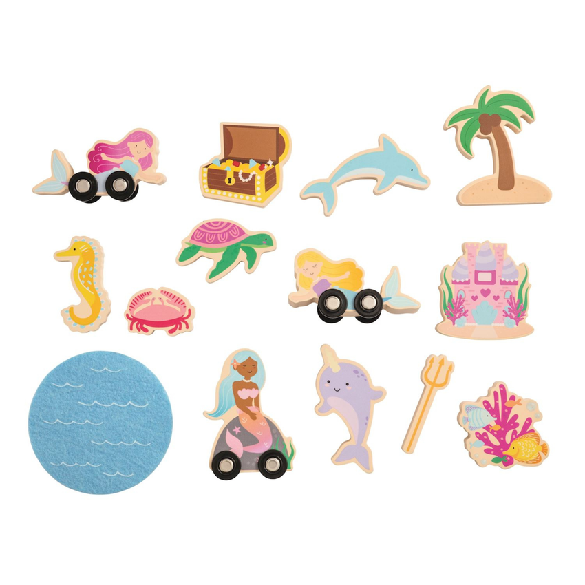 Set of colorful wooden mermaid-themed toy blocks on a white background.