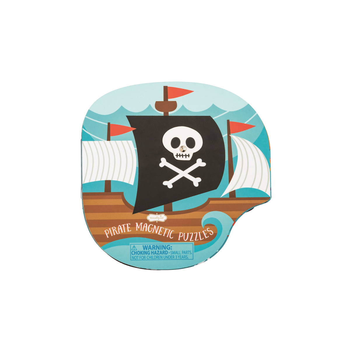 Pirate-themed packaging for magnetic puzzles with a ship and skull and crossbones design.