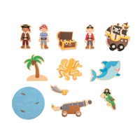Set of pirate-themed wooden toys including figures, a chest, and sea creatures on a white background.