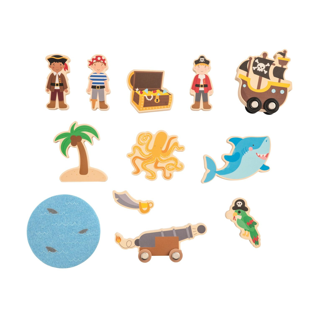 Set of pirate-themed wooden toys including figures, a chest, and sea creatures on a white background.