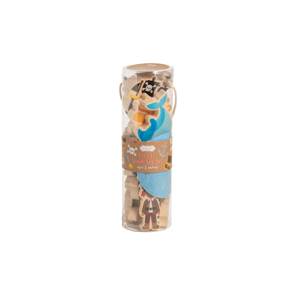 Pirate-themed children's wooden puzzle  in a cylindrical packaging on a white background.