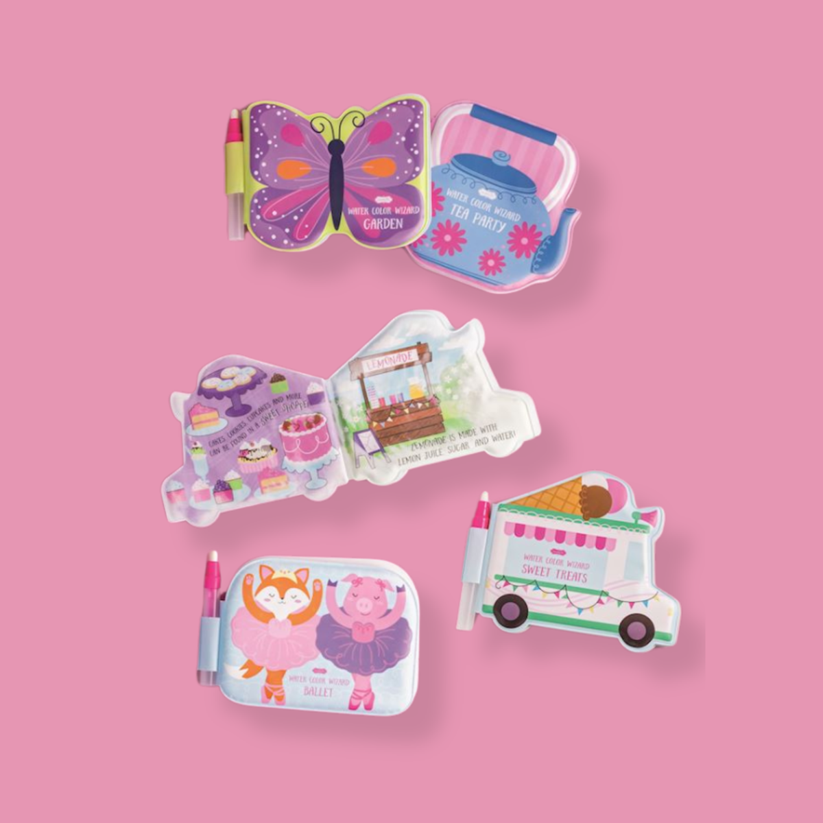 Set of colorful children's coloring books with illustrations on a pink background.