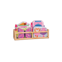Children's bookshelf with animal-themed water color books and a pink butterfly design on a white background
