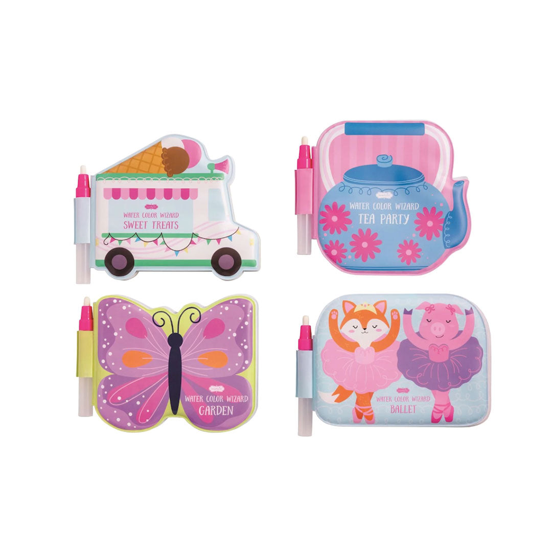 Set of colorful children's coloring books  including a teapot, ice cream truck, butterfly, and ballerina designs on a white background.