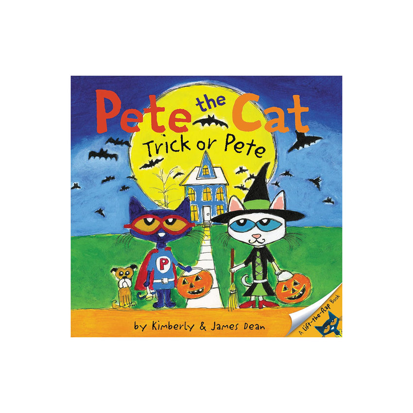 Children's book cover titled "Pete the Cat Trick or Pete" showing two cats in Halloween costumes standing in front of a haunted house under a full moon, with bats flying across a blue sky and a small dog at their side.
