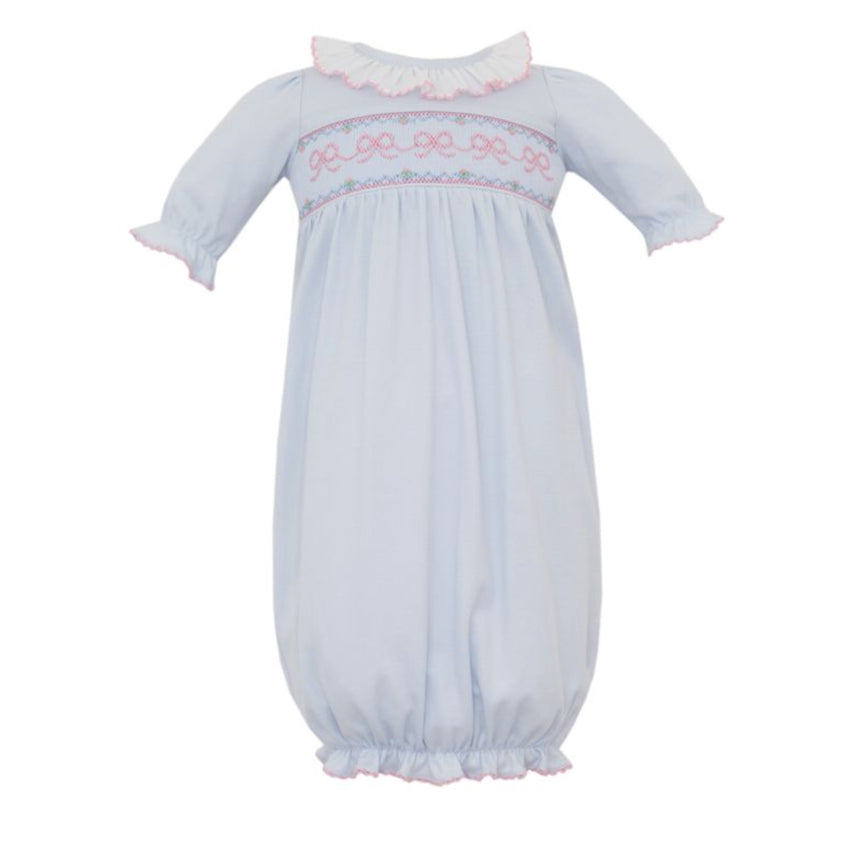 Light Blue Gown with Pink Smocked Bows