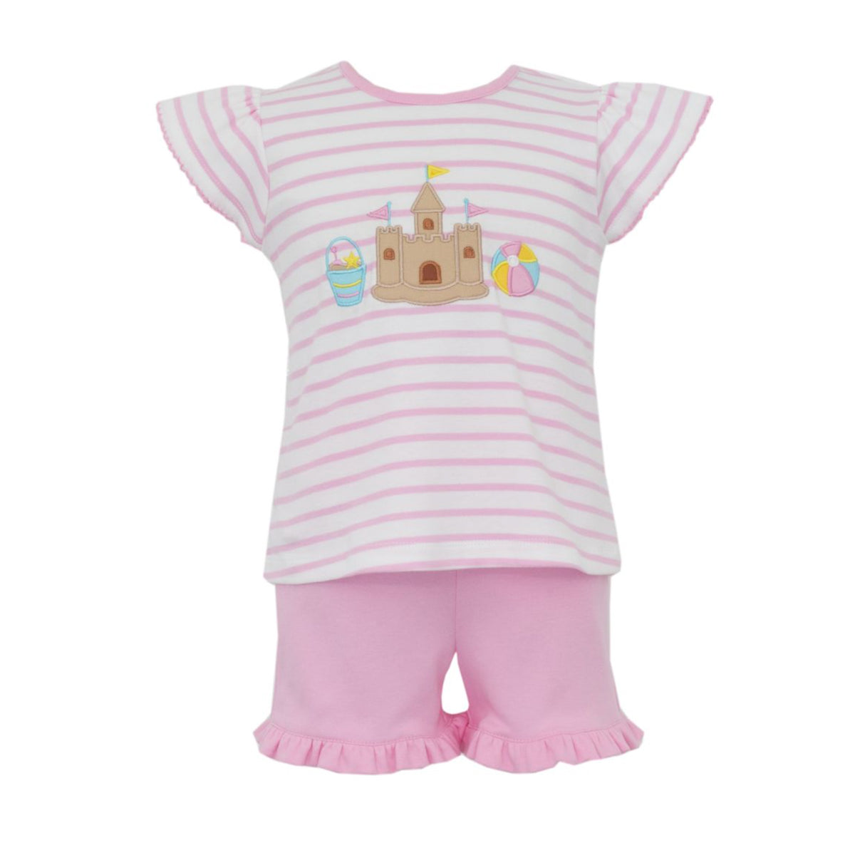 Pink Stripe Short Set with Sand Castle