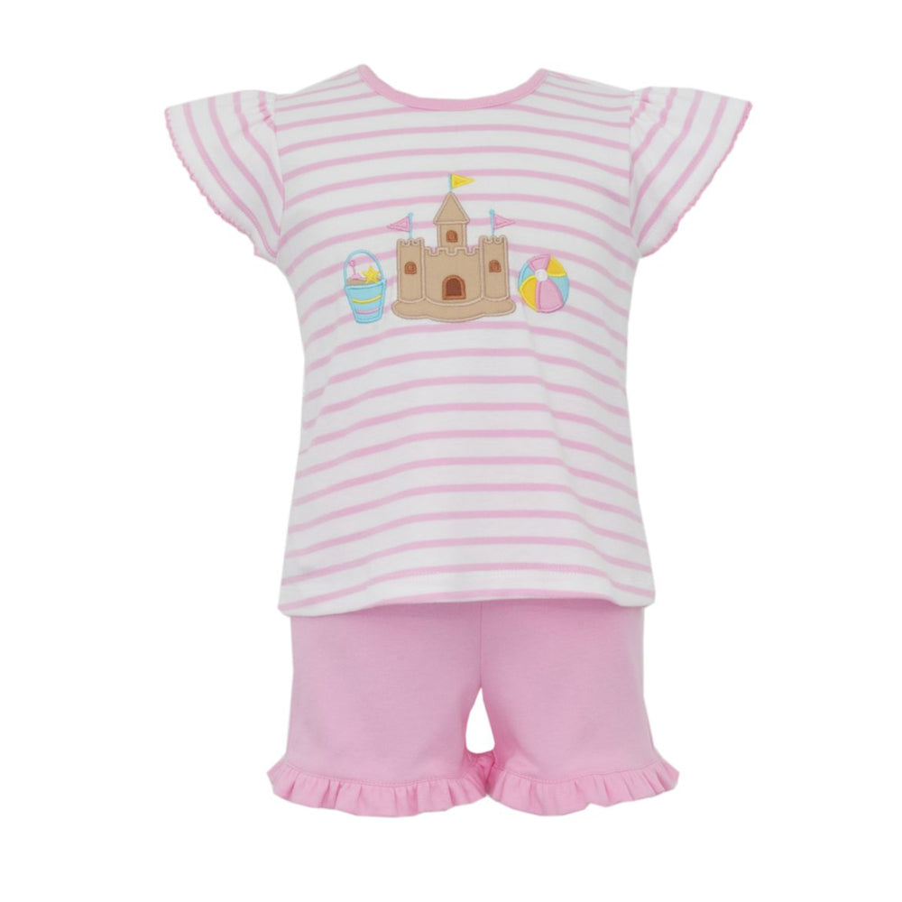 Pink Stripe Short Set with Sand Castle