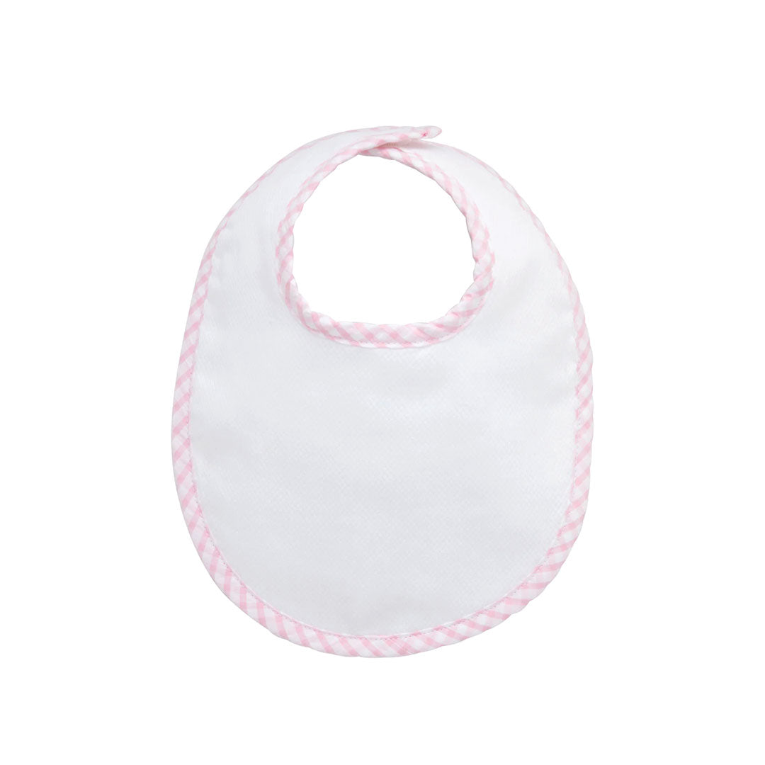 White baby bib with pink trim on a white background.