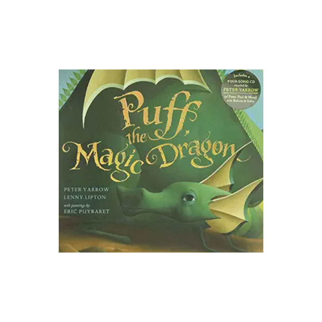 Children's book cover for 'Puff the Magic Dragon' by Peter Yarrow, featuring a green dragon with yellow wings and gold lettering on a dark green background.