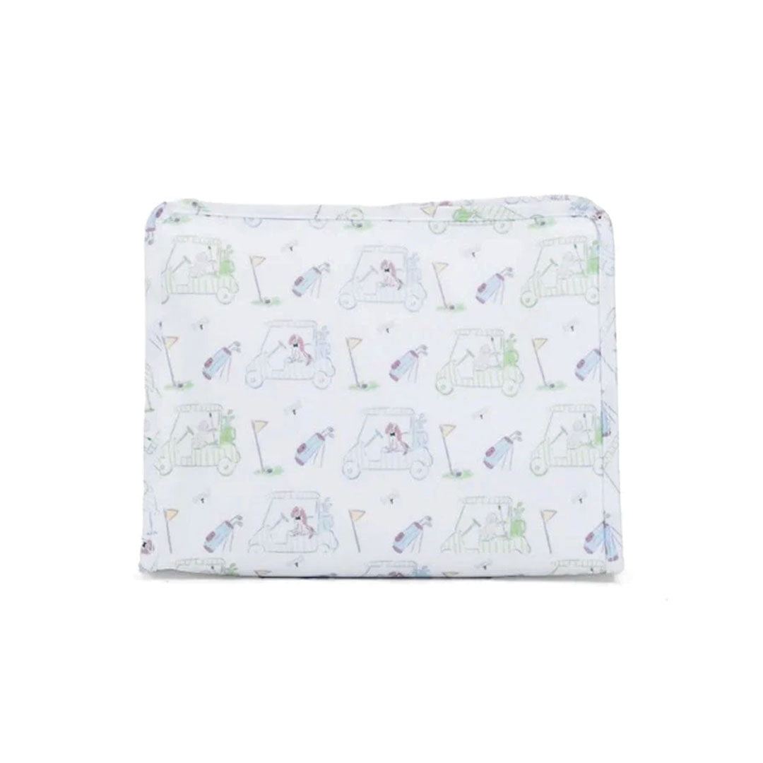 Travel pouch with golf themed illustrations including golf bags, tees and golf carts on a white background.
