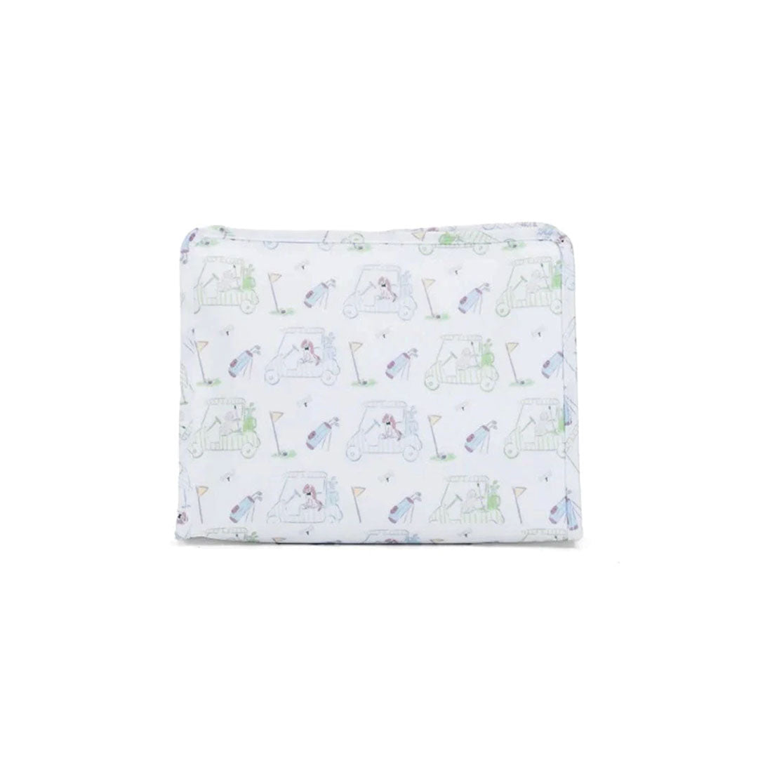 Travel pouch with golf themed illustrations including golf bags, tees and golf carts on a white background.