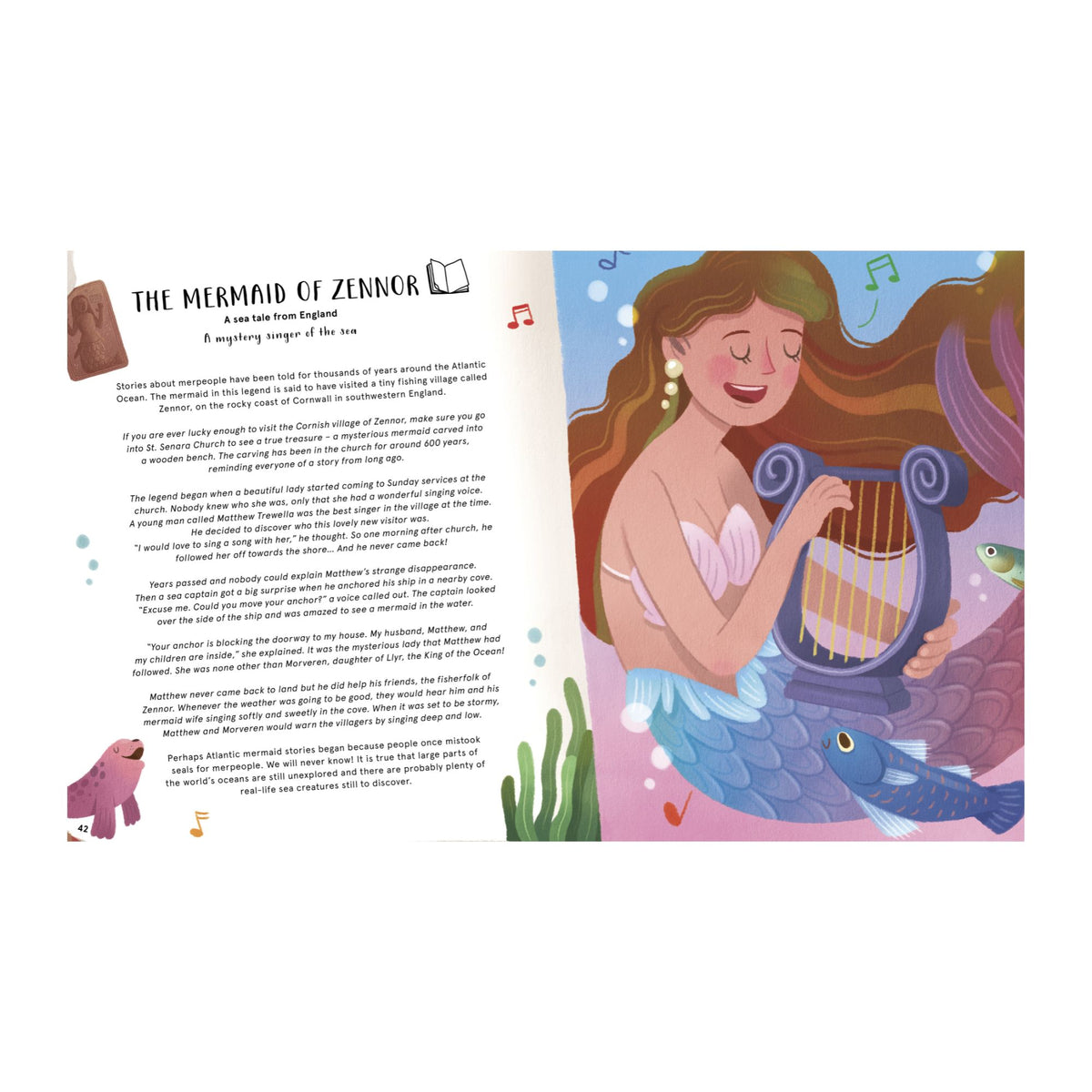 An open children's book opened to a page titled 'The Mermaid of Zennor' with a poem on the left page and a colorful illustration of a mermaid playing a harp on the right page, shown against a white background.