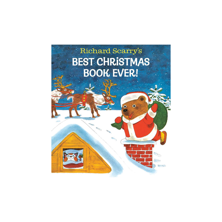 The front cover of the children's book 'Richard Scarry's Best Christmas Book Ever!' shows a snowy winter scene with a teddy bear in a Santa hat popping out of a chimney, reindeer in the background, and a small house with a Christmas window. The book cover is centered on a plain white background.