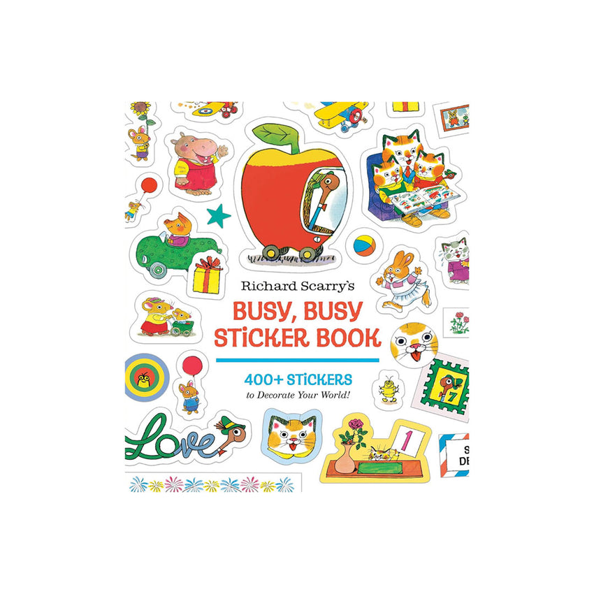 Richard Scarry's Busy, Busy Sticker Book featuring a collection of colorful cartoon stickers including animals, vehicles, and decorative elements on a white background.
