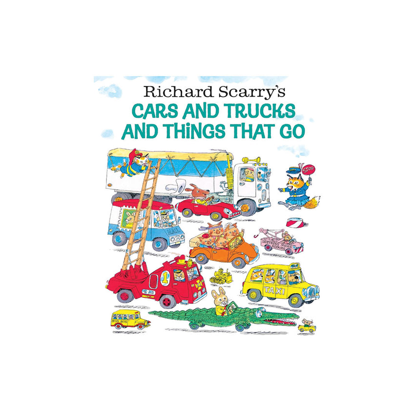 Children's book cover titled 'Richard Scarry's Cars and Trucks and Things That Go' featuring a colorful cartoon illustration of various vehicles on a white background.