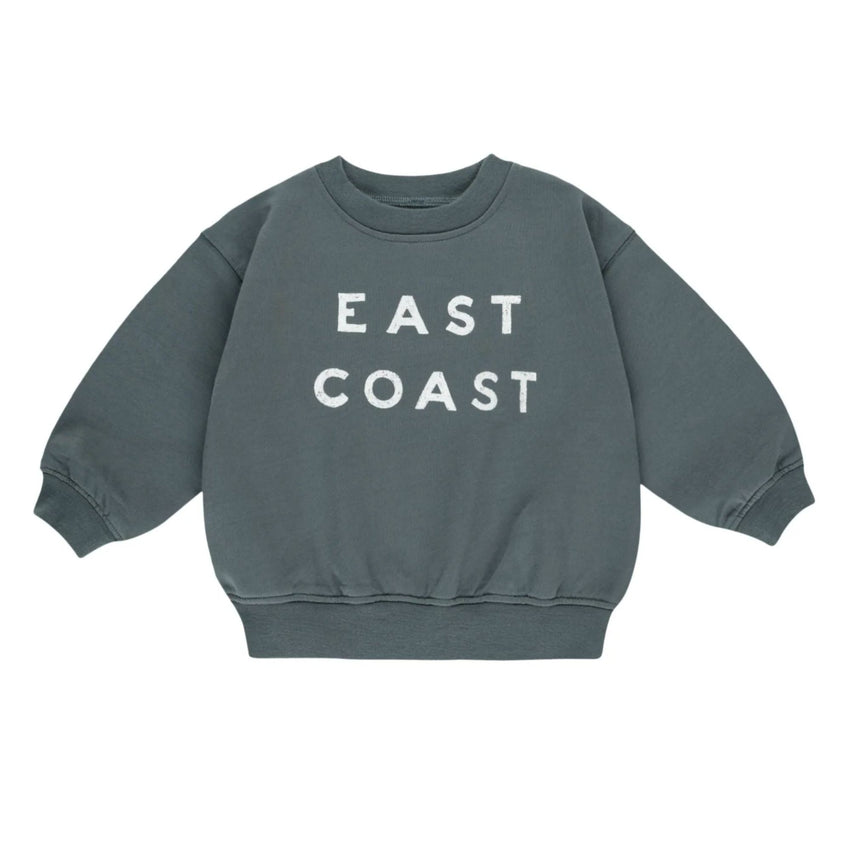 French terry crew neck sweatshirt with 'East Coast' graphic on a white backgroud.