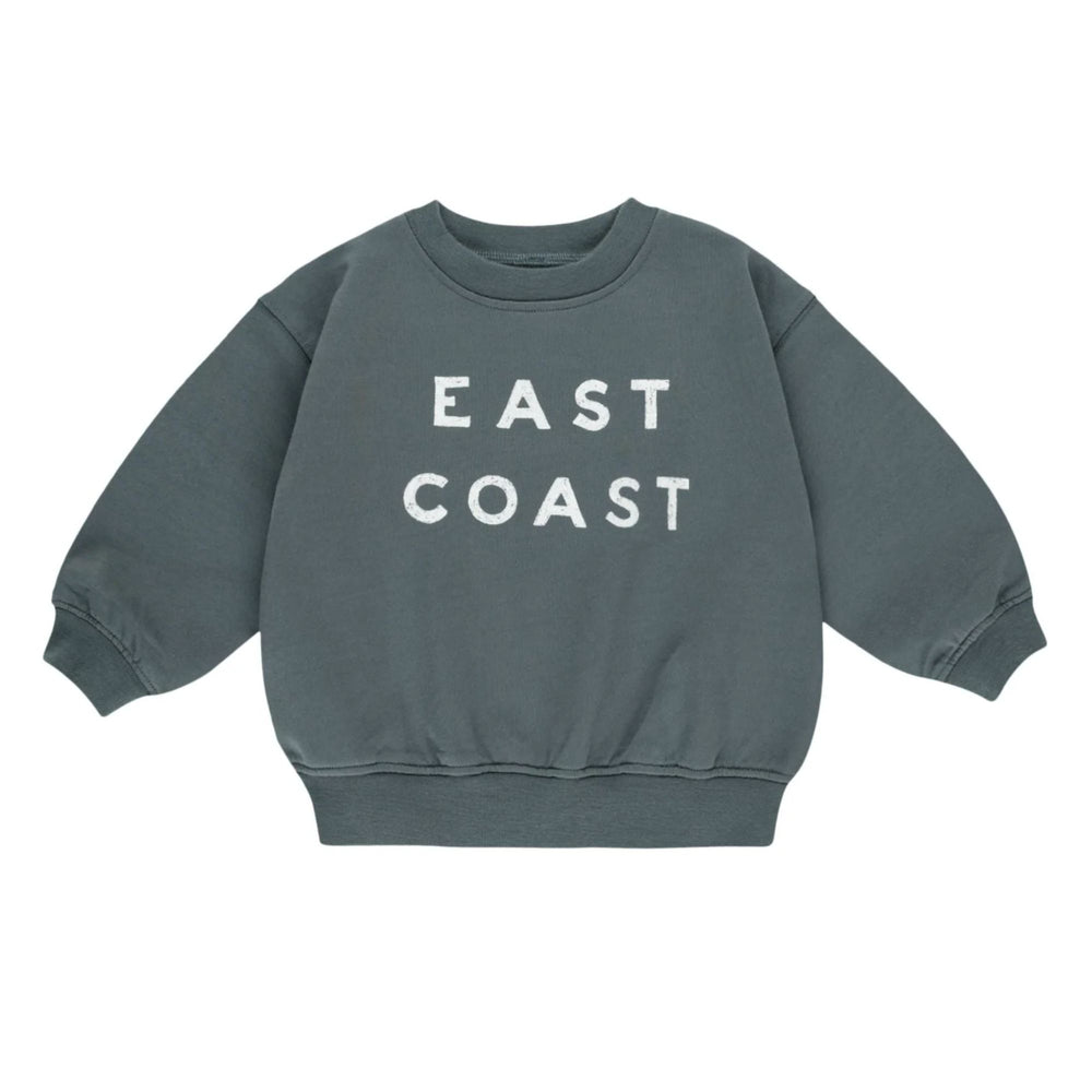 French terry crew neck sweatshirt with 'East Coast' graphic on a white backgroud.