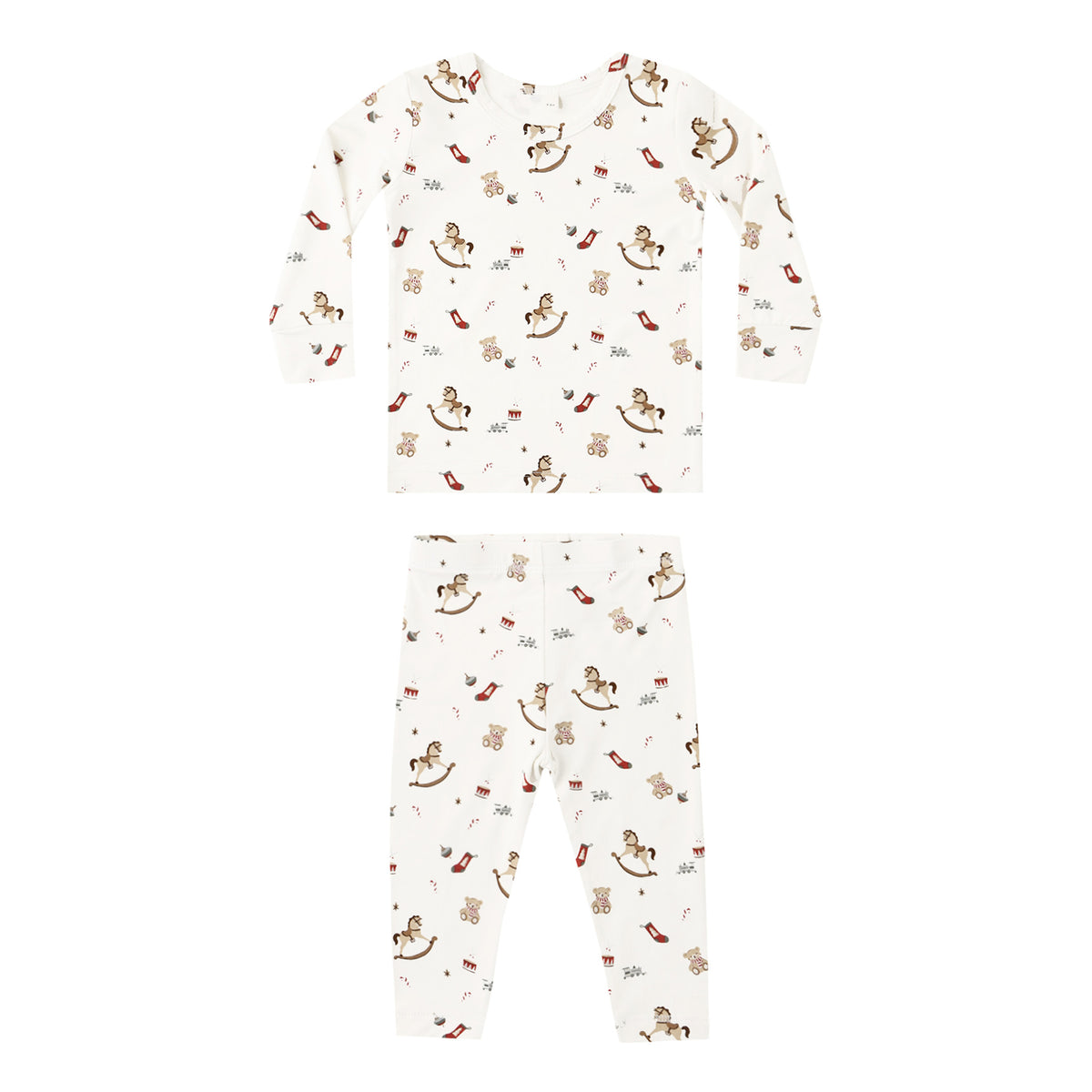Children's two-piece pajama set with rocking horse animal pattern on a white background.