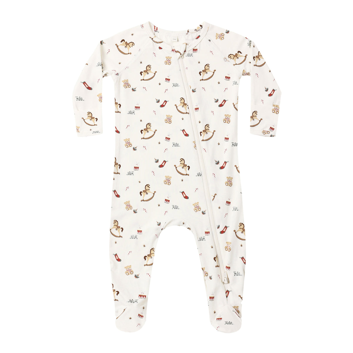 Baby footie with animal rocking horse pattern on a white background.