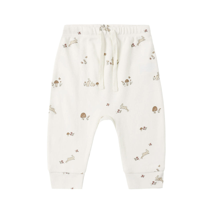 White baby drawstring pants with bunny print on a white background