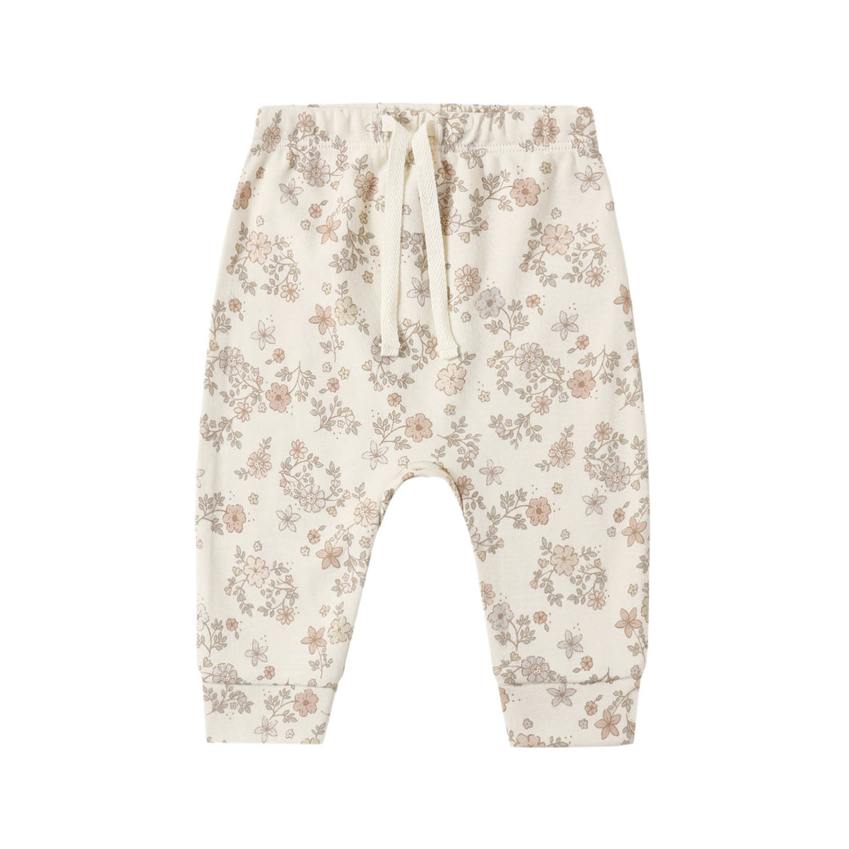 Floral-patterned baby drawstring pants on a white background.