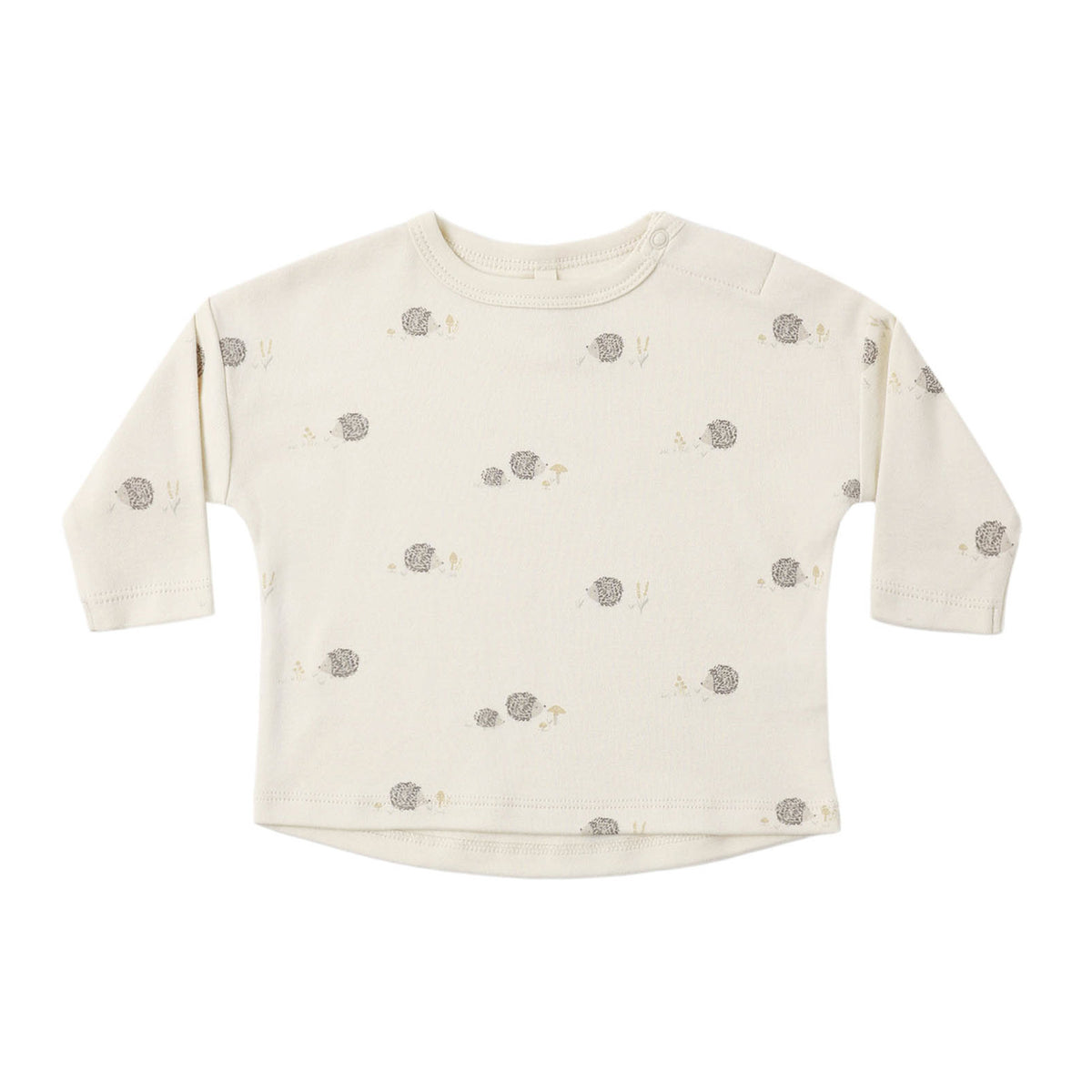 Baby long-sleeve shirt with hedgehog pattern on a white background.